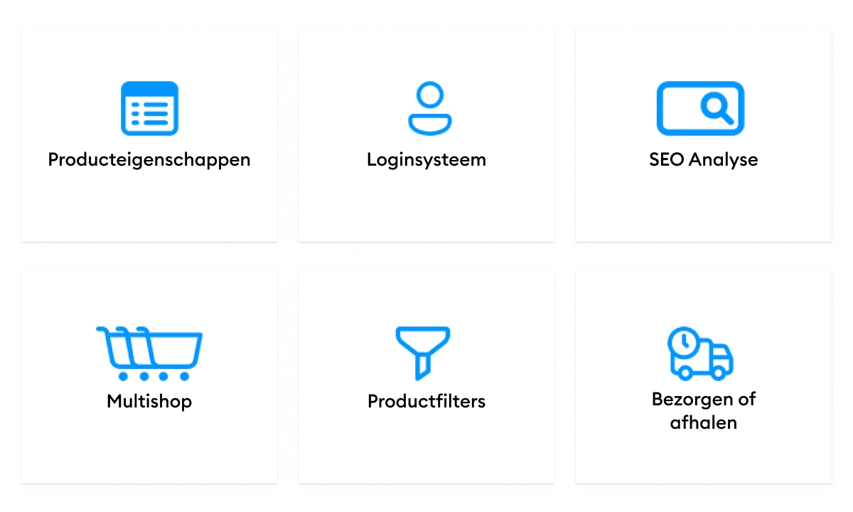 Ondersteuningen producteigenschappen loginsysteem seo analyse multishop productfilters bezorgen of afhalen